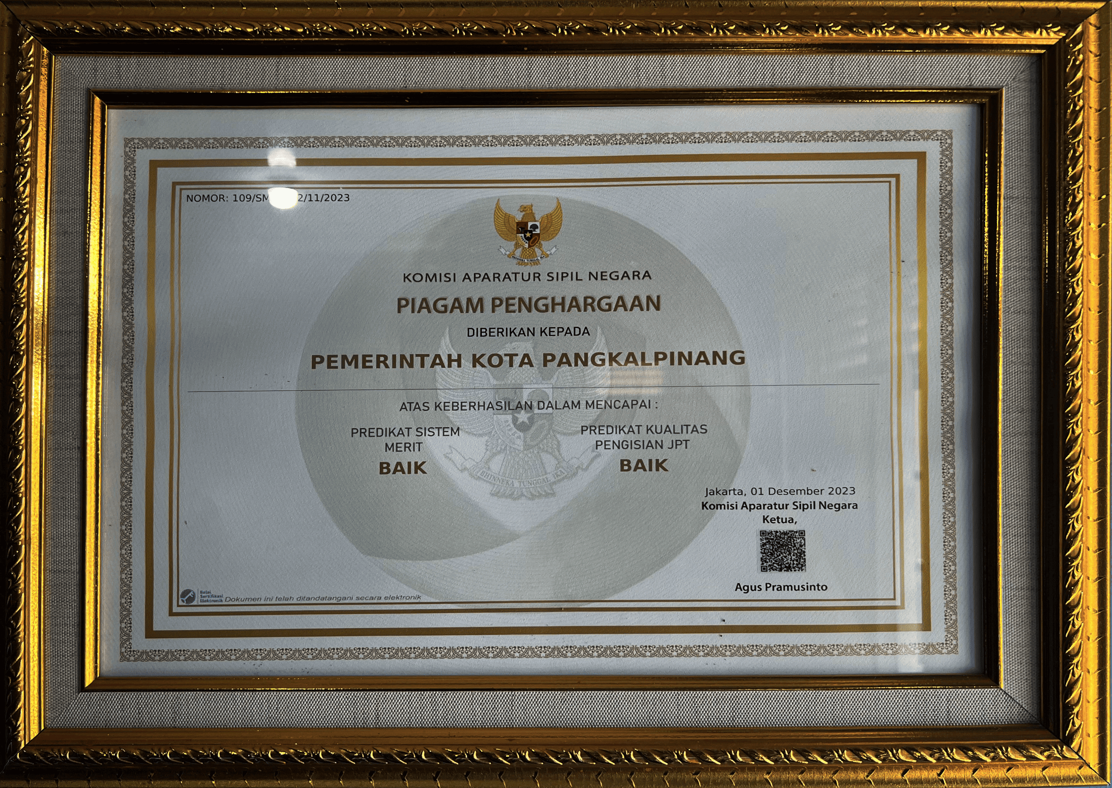 PIAGAM PENGHARGAAN KOMISI APARATUR SIPIL NEGARA DALAM PREDIKAT SISTEM MERIT DAN PREDIKAT KUALITAS PENGISIAN JPT TAHUN 2023