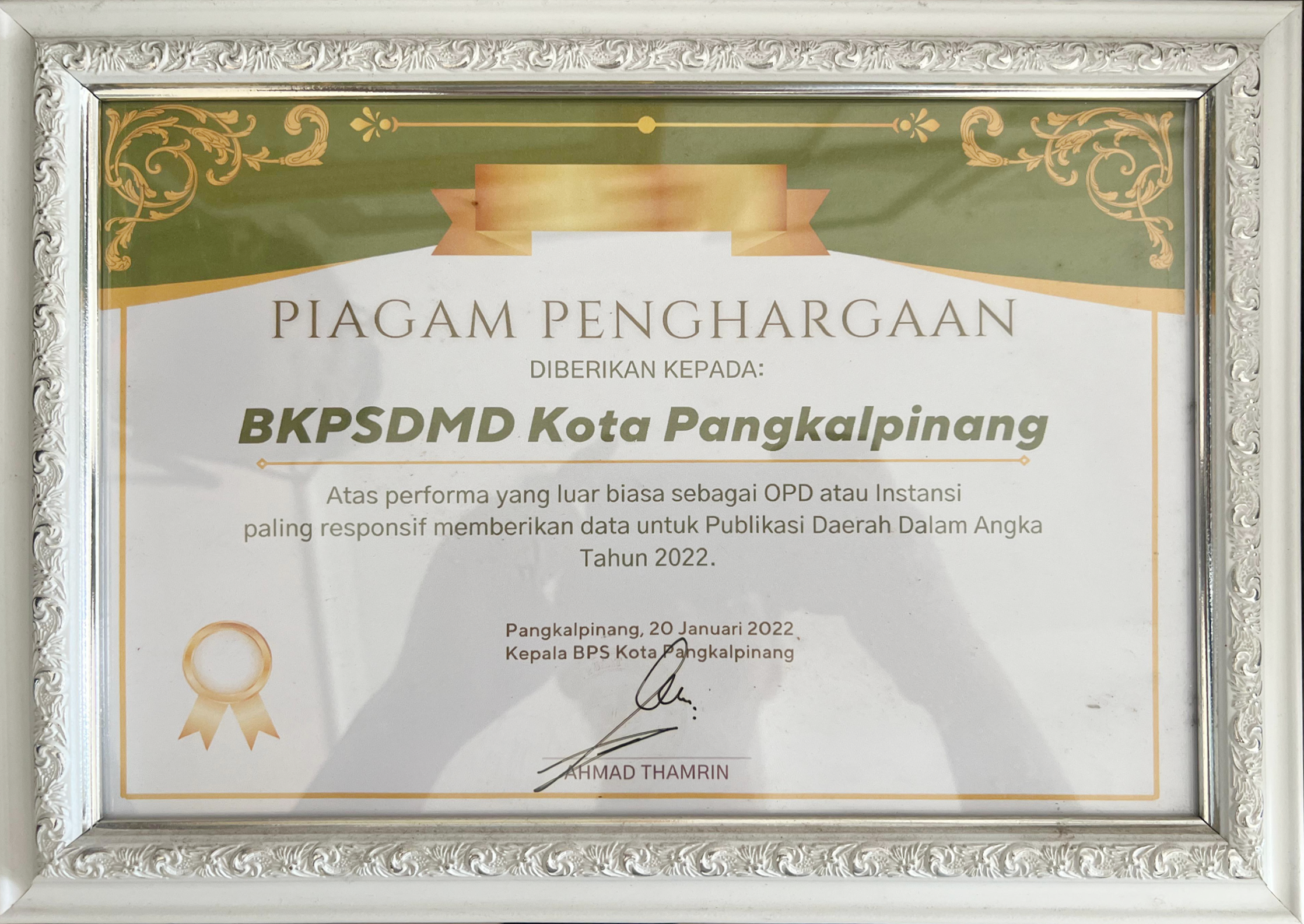 PIAGAM PENGHARGAAN INSTANSI PALING RESPONSIF MEMBERIKAN DATA UNTUK PUBLIKASI DAERAH DALAM ANGKA TAHUN 2022
